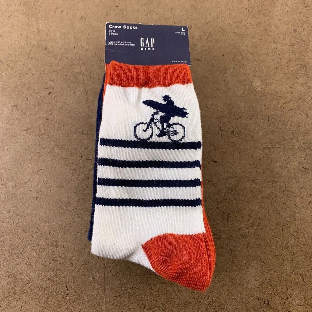 Gap Kids Boys Large Shoe Size 3-4 Navy Copper Surf Print 3 Pairs Crew Socks NWT